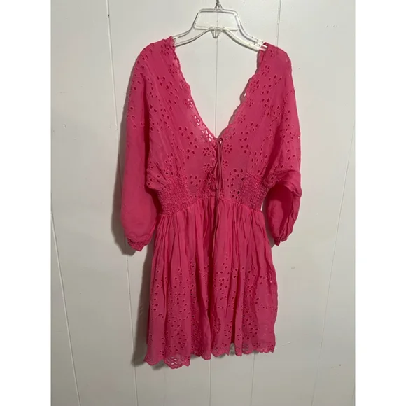 Women's Free People Bubblegum Pink Lottie Eyelet Mini Dress size M - Picture 6 of 10